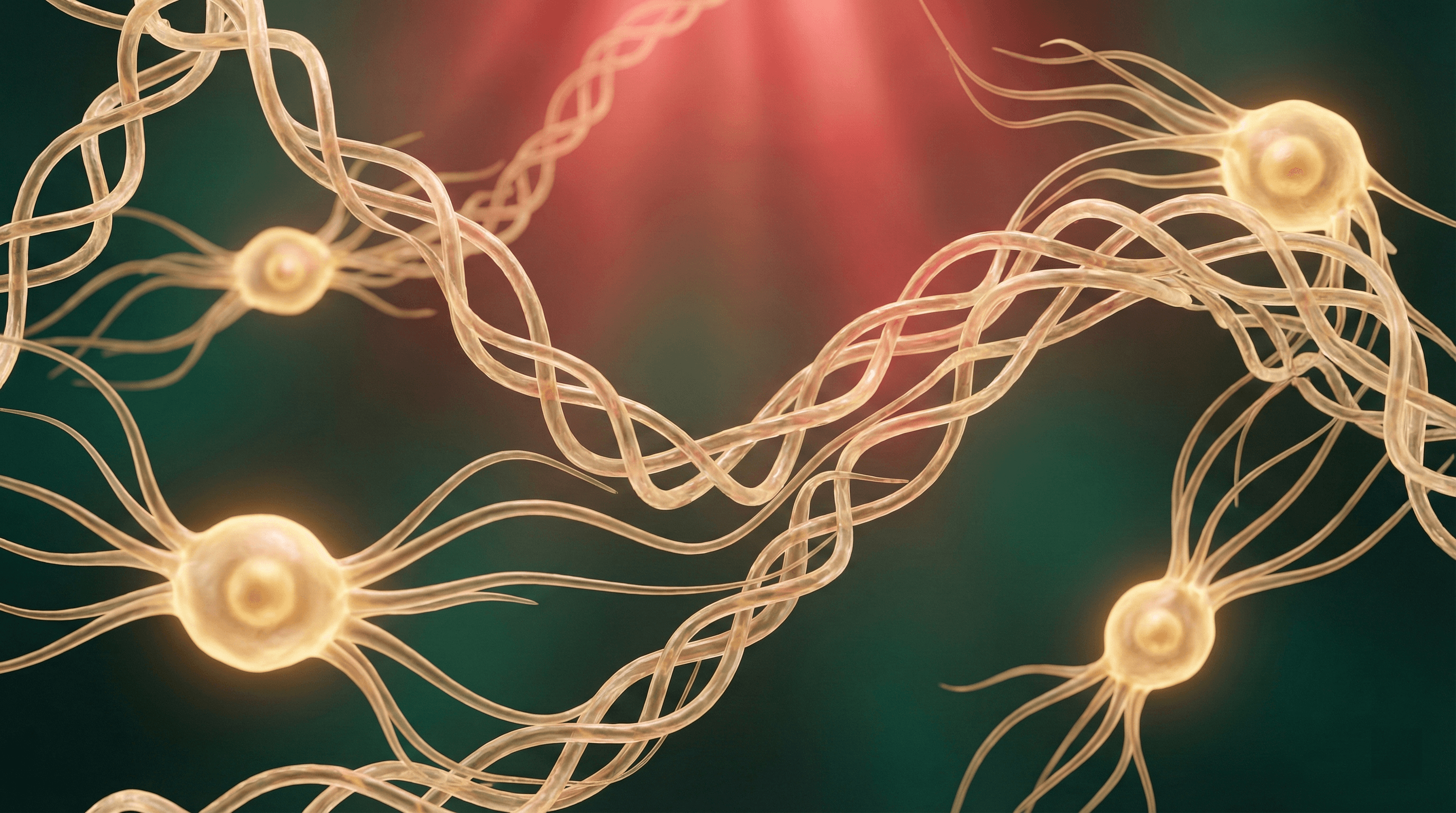 Collagen synthesis visualization showing fibroblast activation and protein structure formation stimulated by red light therapy